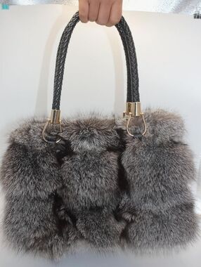 NWT Real Fox Fur Handbag. Super soft gray fur. Measures 15.75 x 15.75 in